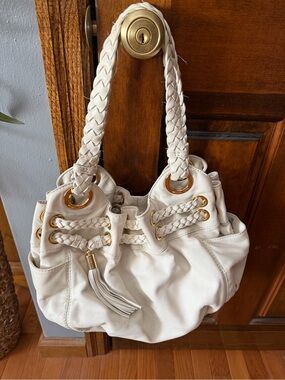 Michael Kors Cream Braided Handle Shoulder Hobo with Gold Hardware